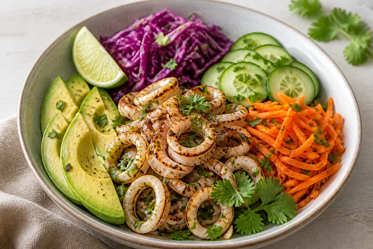 Editorial image showing whole30 squid avocado cabbage bowl.