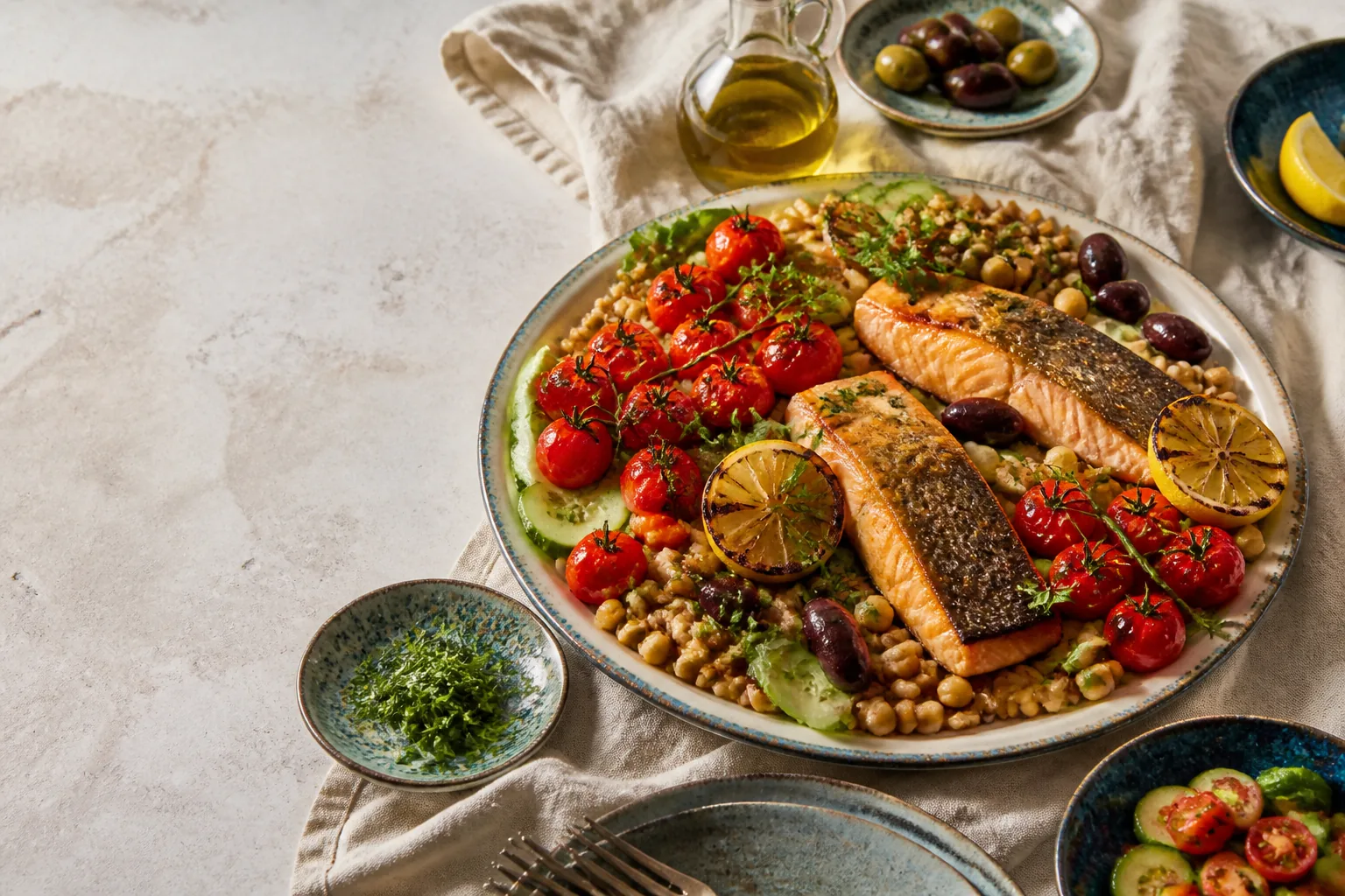 Grilled salmon with tomatoes, chickpeas, cucumber, olives, lemon and whole grains on a Mediterranean table.