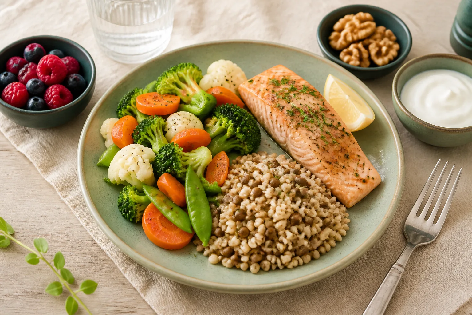 Balanced plate with salmon, non-starchy vegetables, barley and lentils, plus berries, walnuts and plain yogurt.