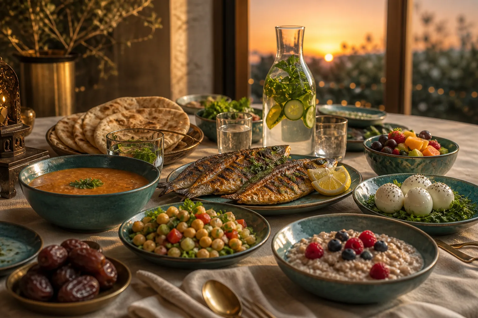Balanced Ramadan table with dates, water, lentil soup, grilled fish, flatbread, chickpea salad, eggs, oats, yogurt and fruit.