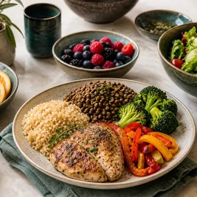 DASH diet table with herb chicken, brown rice, lentils, broccoli, peppers, leafy salad, berries and citrus.