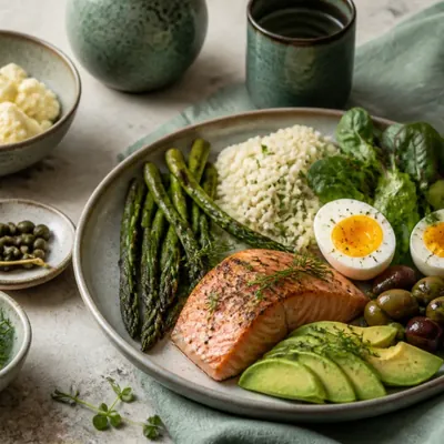 Ketogenic table with salmon, eggs, avocado, cauliflower, asparagus, olives and leafy greens.