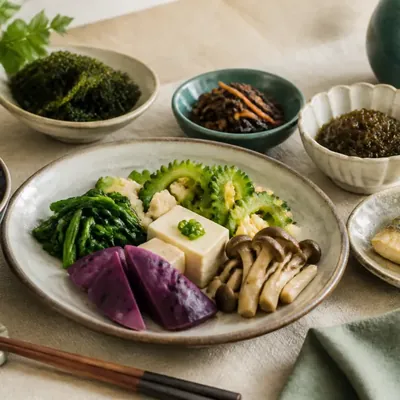 Okinawan plate of purple sweet potato, tofu, bitter melon and mushrooms with seaweed and green tea.